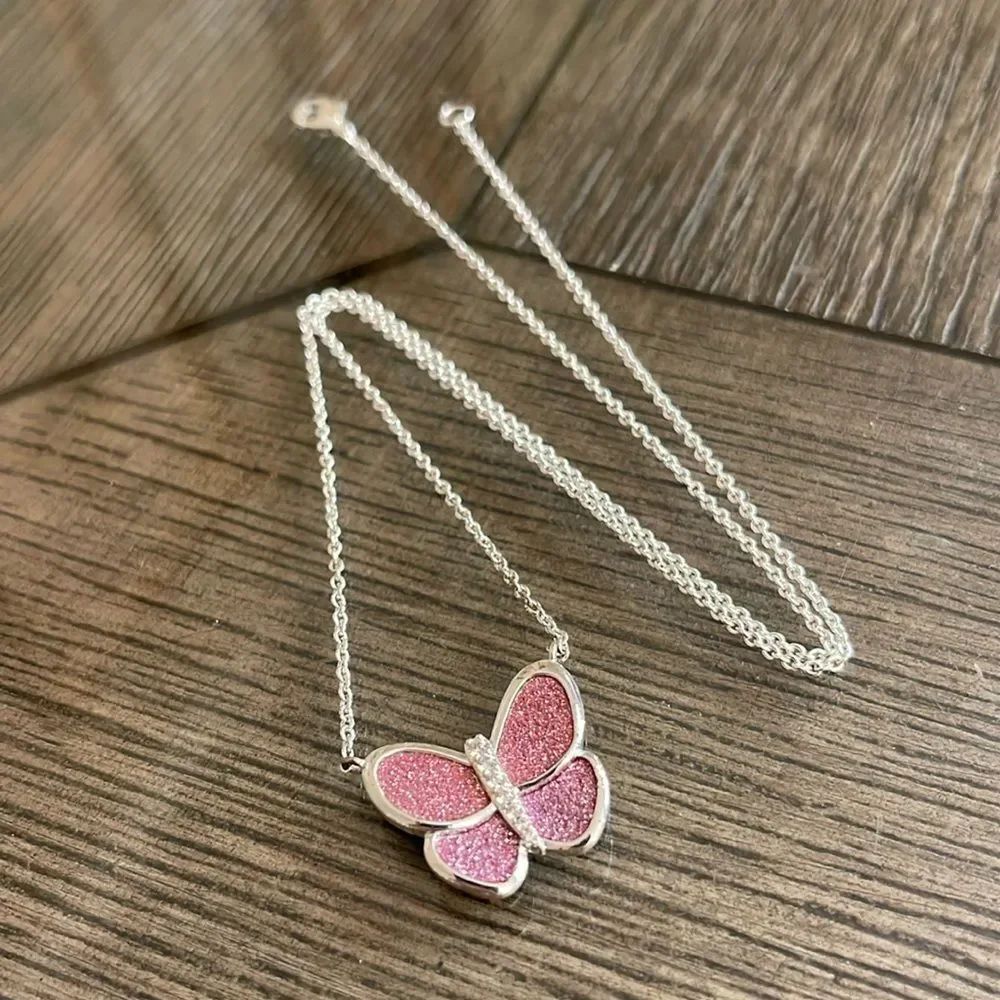 JACMEL Silver Plated Brass Pink Glitter Butterfmy Necklace with CZ’s